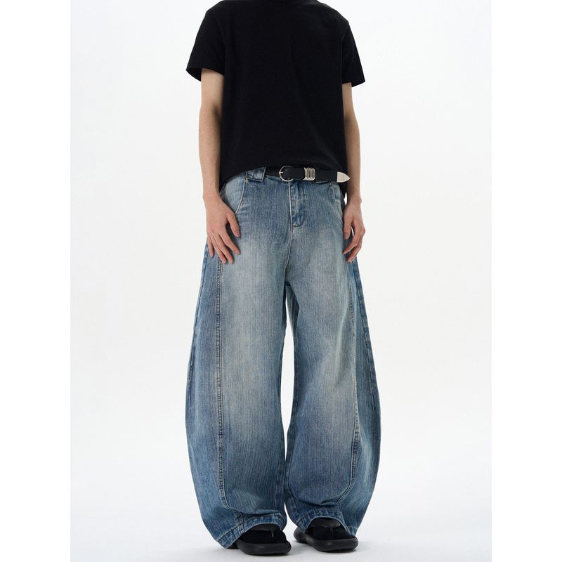 Kisko American High Street Style Bamboo Texture Contrast Stitching Design Curved Knife-Cut Jeans Unisex Trendy Brand Wide-Leg Loose Pants
