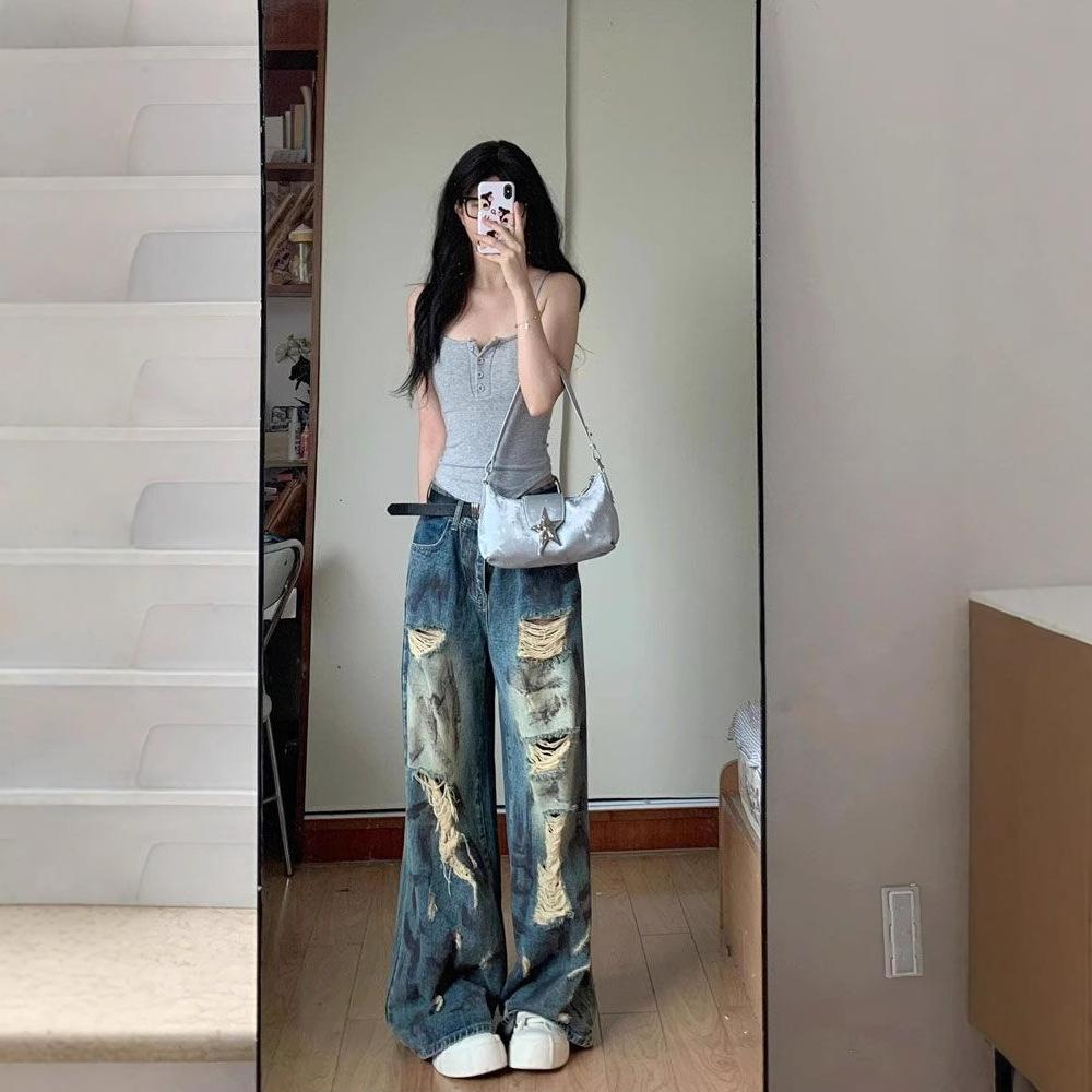 Retro Broken Holes Denim Trousers Women Design Sense Beggar Trousers High Waisted Small People Straight Wide Leg Long Trousers Long Denim Pants