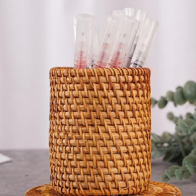 Natural Rattan Pen Stand Multipurpose Desktop Organiser Storage Container For Home Offices Desk Accessories Management