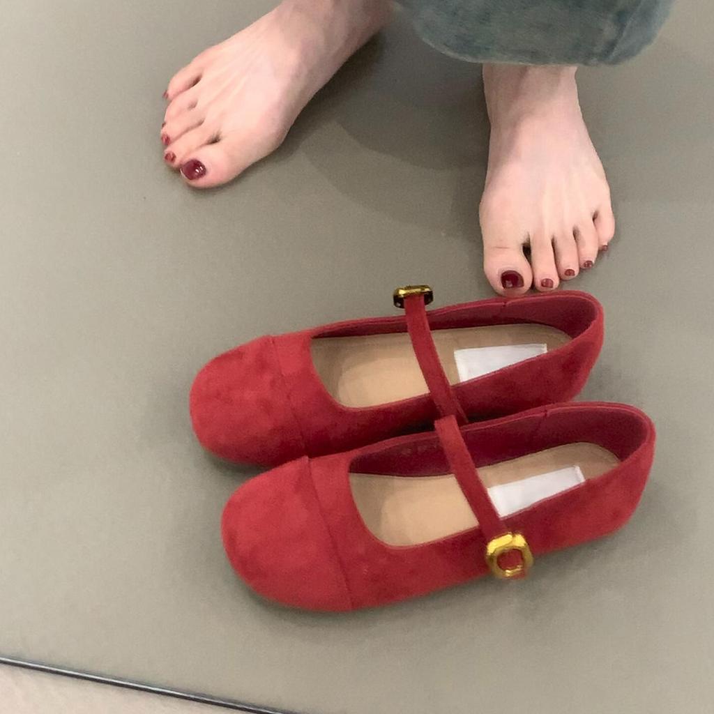 Soft-soled Version~ Retro Simple Style Flat-soled Small Single Shoes Women's Round Head, Shallow Mouth Matte Suede One-word Buckle Mary Jane Shoes