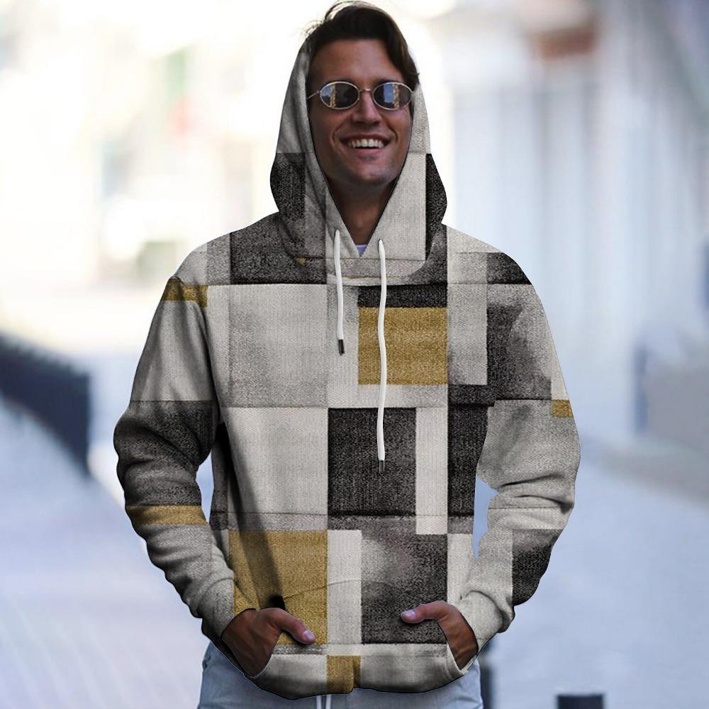 Minimalist Plaid 3D Digital Printed Men's Personalized Trendy Hooded Sweatshirt