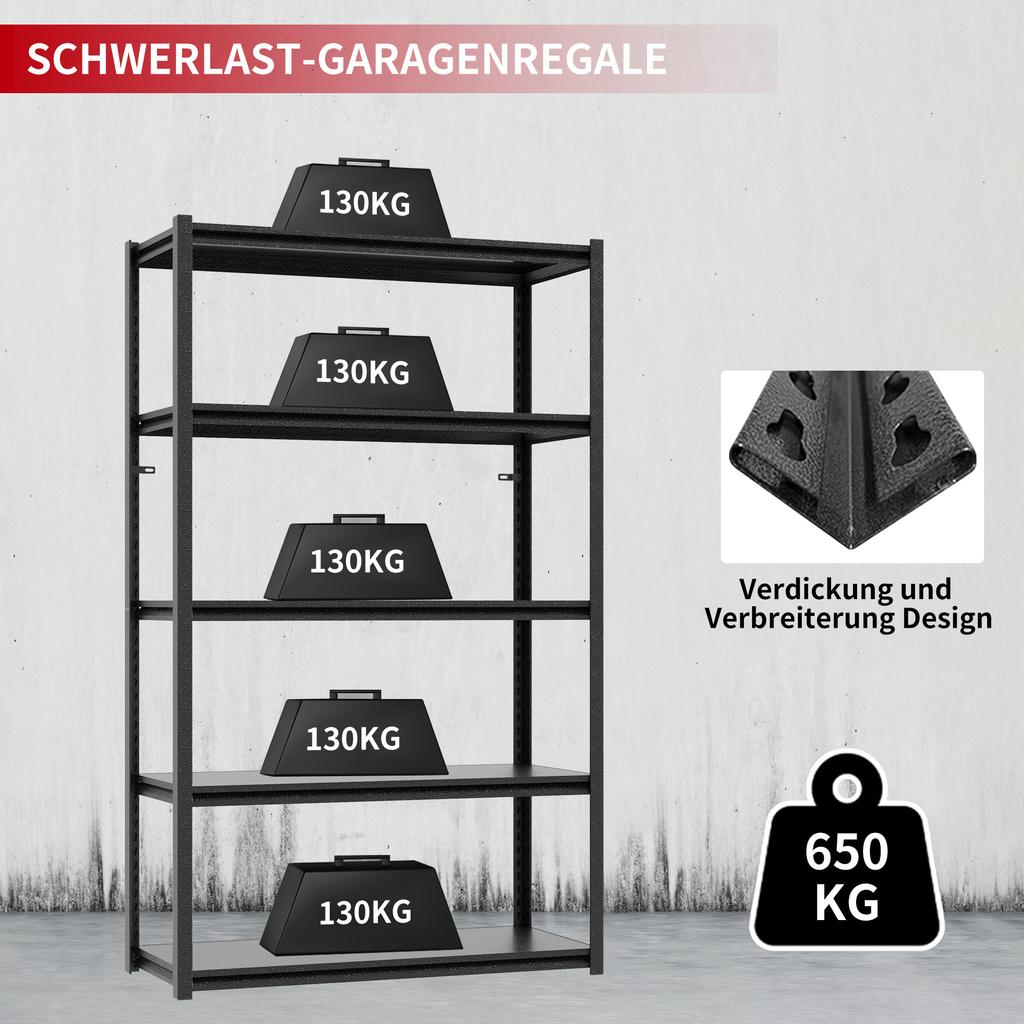5-Tier Metal Shelf 650kg Load Capacity, Heavy-Duty Shelf Made of Steel, Height-Adjustable for Garage, Storage & Household, H160cm × B80cm × T40cm