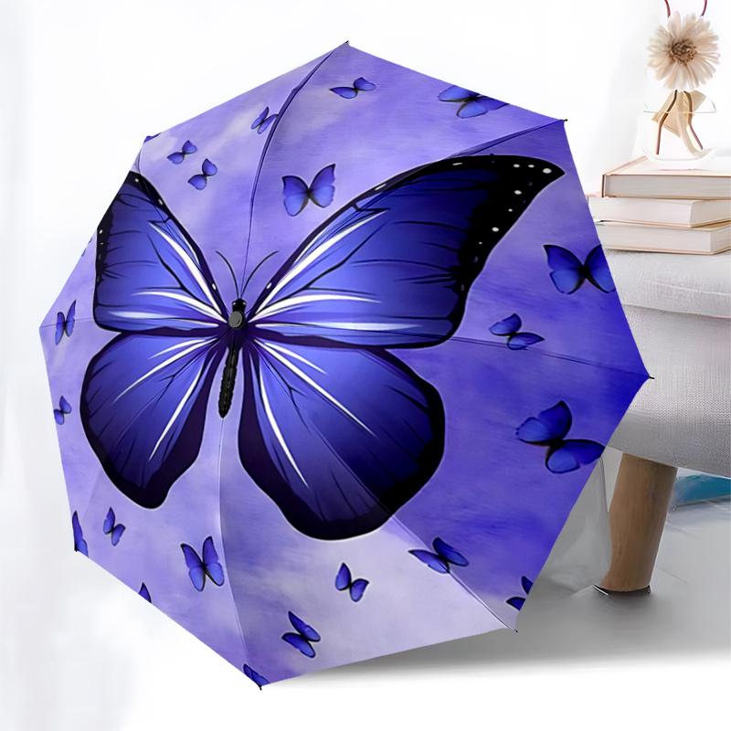 Purple Butterfly Auto Open Close Umbrella - Portable Tri-Fold Design with 8-Bone Iron Frame - - Ideal Gift for Fans, Travelers, Daily Use -