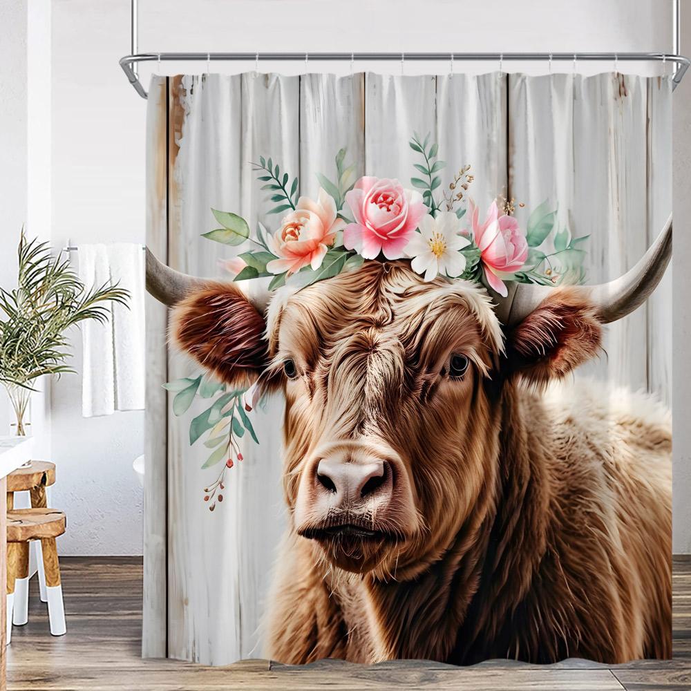 

Highland Cow Farmland Shower Curtains Countryside Scenery Funny Animals Bathroom Decorations Grassland Polyester Bath Curtain W60H190(CM)-1 Pcs