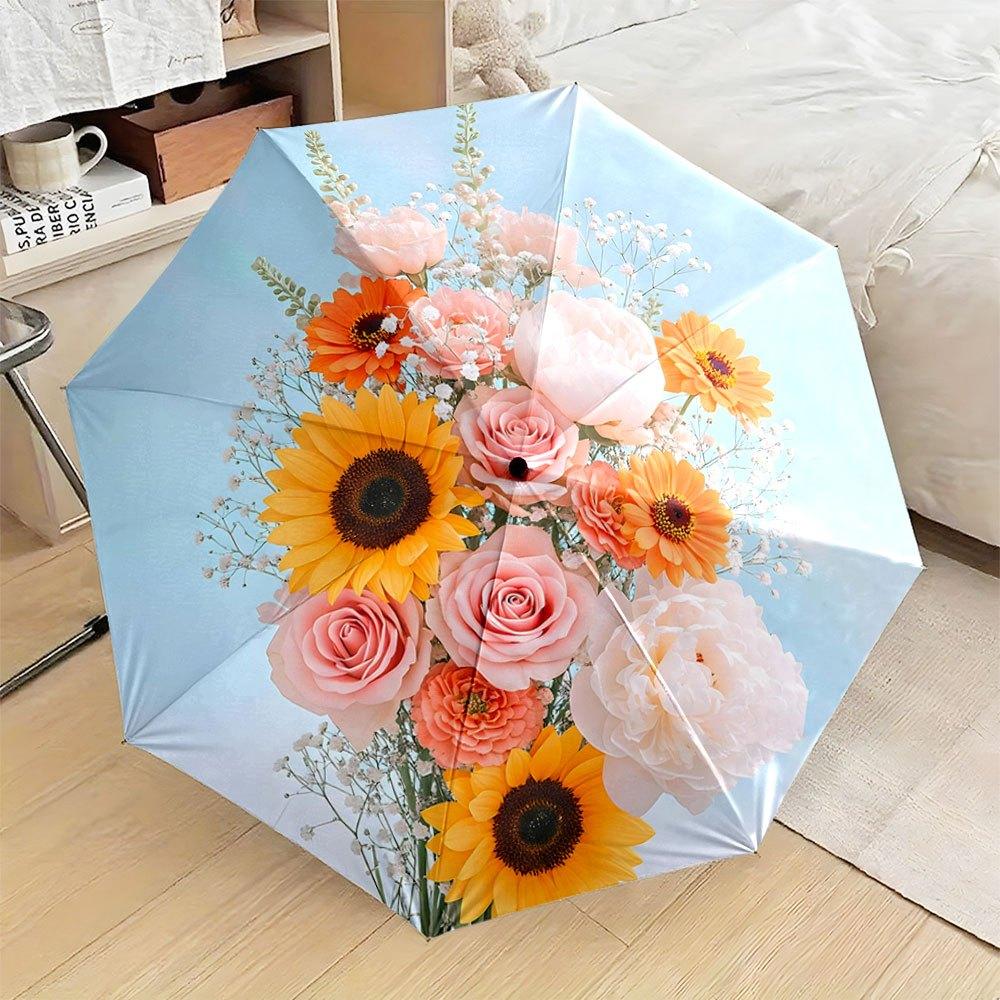 

s Open/Close Folding Umbrella with Sunflower, Rose & Peony Floral Pattern - Pink & Golden Compact Travel Umbrella, 8-Rib Ligh (as the picture,Iron&8K)
