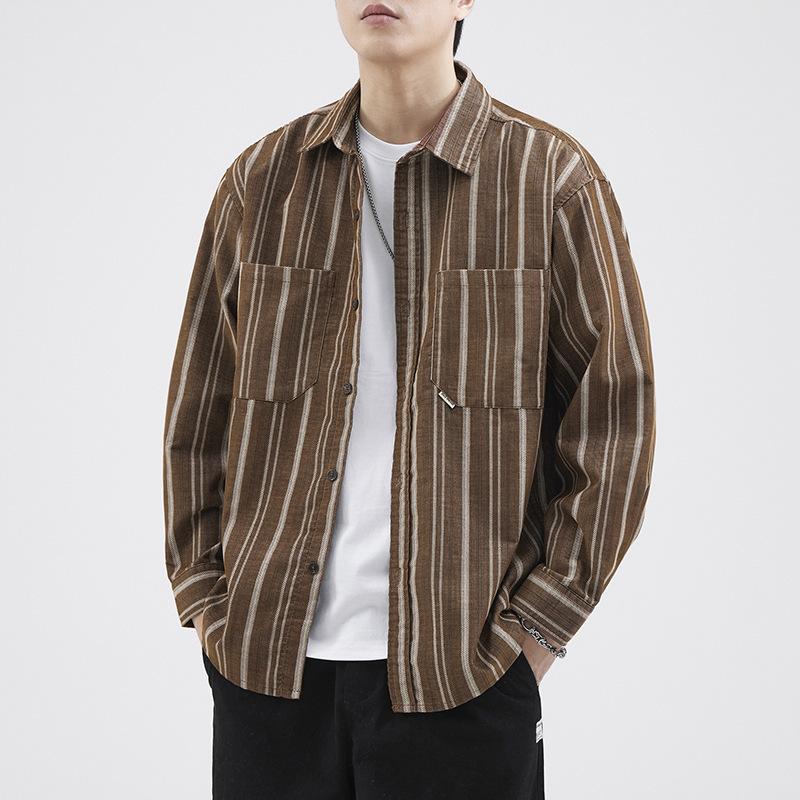 

Japanese Retro Striped Corduroy Long-Sleeve Shirt For Men Loose-Fitting Couple S Top Trendy Outerwear 3XL