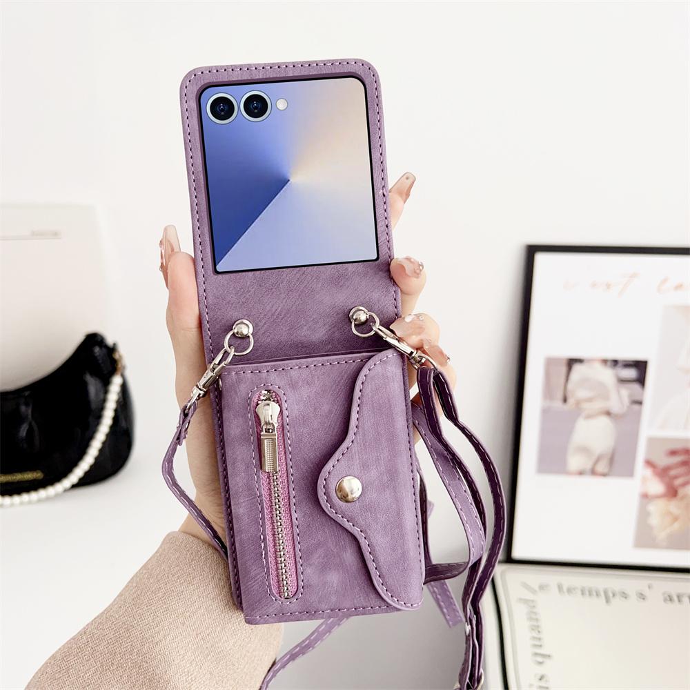 Leather Crossbody Zipper Wallet Phone Case for Samsung Galaxy Z Flip Card Holder Cover for Models 7 6 5 4 3 Flip7 FE Flip6 Flip5