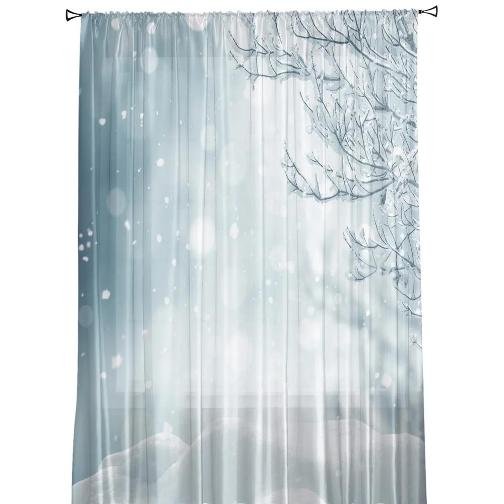 Winter Snowy Day Branches Sheer Curtains Living Room Window Tulle Curtains For Bedroom Kitchen Home Decoration Voile Drapes