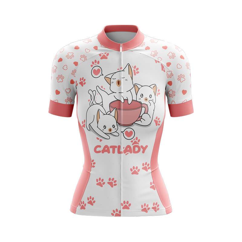 Women's Cycling Jersey Set Pink Cartoon Cat Summer Short Sleeve Breathable MTB Bike Cycling Clothing Maillot Ropa Ciclismo Mujer