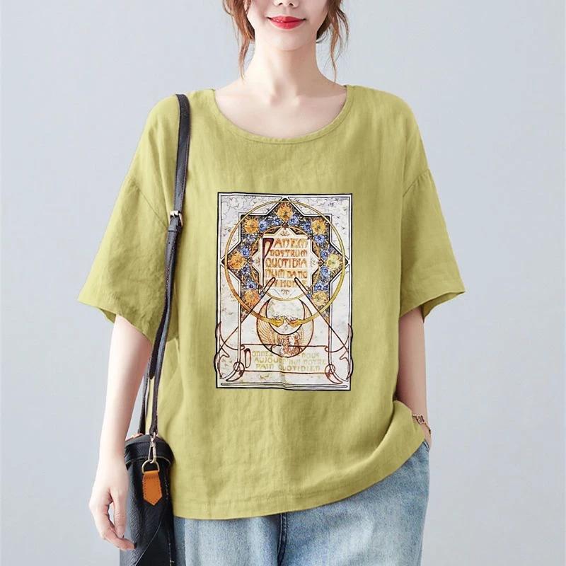 T-shirt Women Versatile Cotton Summer Casual Large Size Loose Round Neck Pullover Short-sleeved Tops