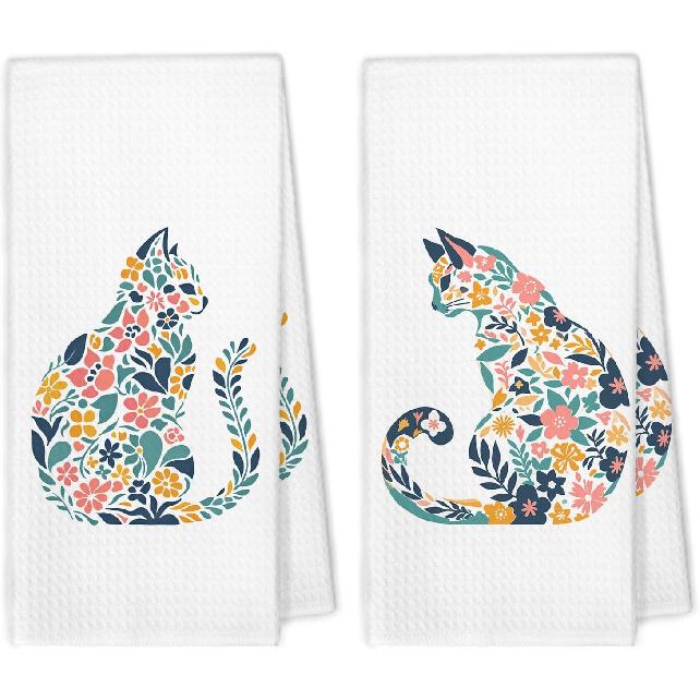 Flower Cat Kitchen Towels Set of 2, Floral Cats Mom Towels for Cat Lovers Women Girls Dish Hand Tea Towel, Cute Light Blue and White Chinoiserie