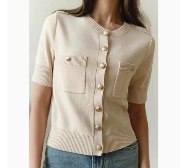 Women Short Sleeve Knit Cardigan Slim Fit Round Neck Button Down Sweater with Decorative Pockets and Gold Tone Buttons Classic Style