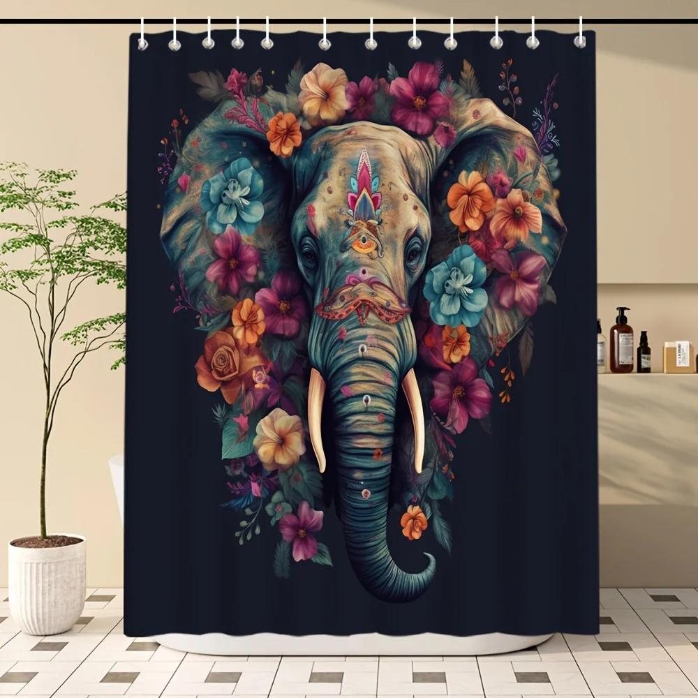 1Pc Floral Elephant Shower Curtain, Durable Polyester Material, Multiple Sizes Available, Easy Care, High Quality, Includes Hook
