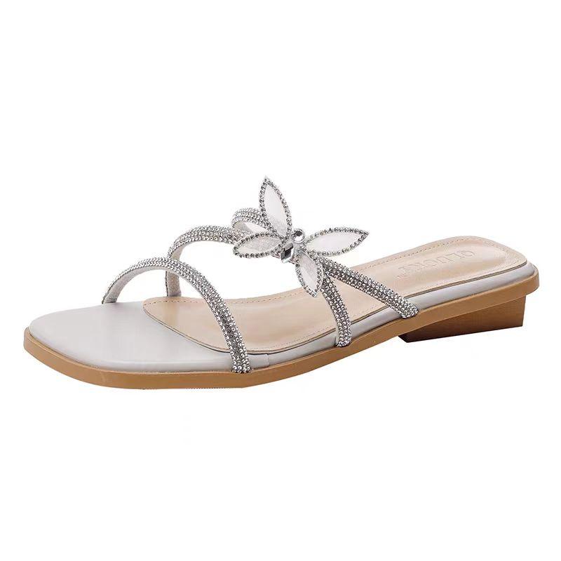 

Fashion Flat Sandals Summer New Square Head Shallow Mouth Crystal Butterfly Knot Soft Sole Anti-slip Wear-resistant Slippers 43