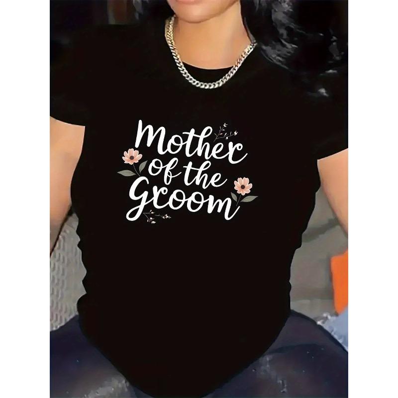 

Женская футболка с цветочным принтом для матери жениха, с круглым вырезом, короткий рукав, свадебный, повседневный, комфортный топ S чёрный