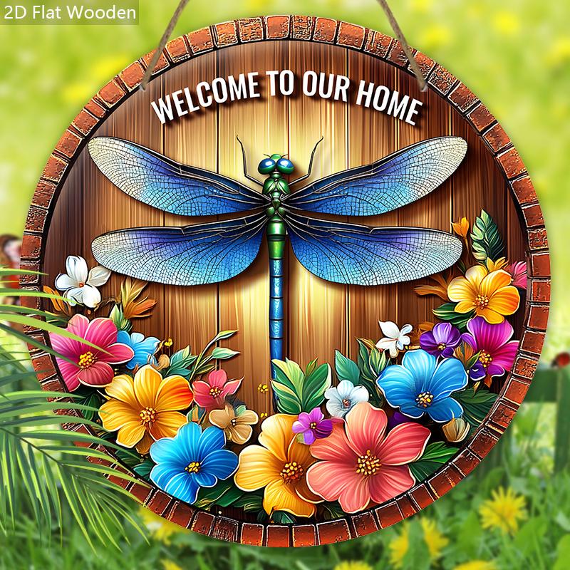Rustic Wooden Welcome Sign with Dragonfly & Flowers Pattern - Charming Decorative Hanging Plaque for Front Door, Wall Decor