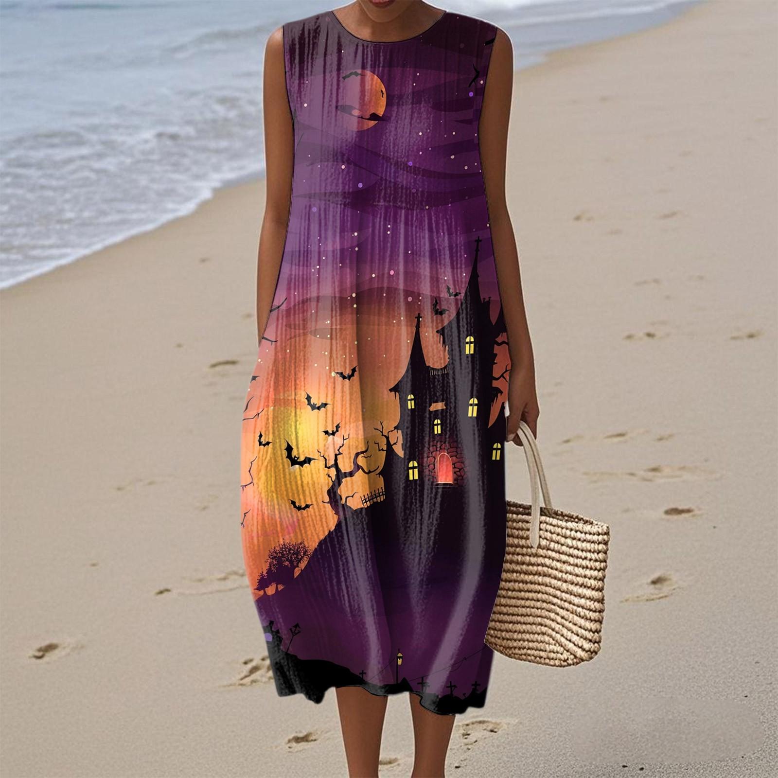 

Женское модное повседневное платье без рукавов с круглым вырезом и молнией, с принтом на Хэллоуин, элегантное и темпераментное L фиолетовый