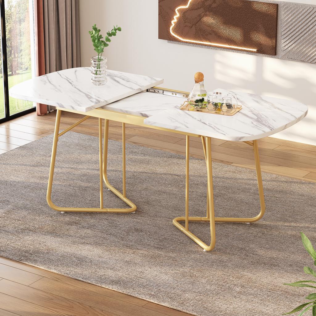 White Extendable Dining Table with Marble Structure, Gilded Metal Table Legs, 140/180*80 Cm, Exquisite Luxury, Rectangular, Suitable for 4–6 Persons