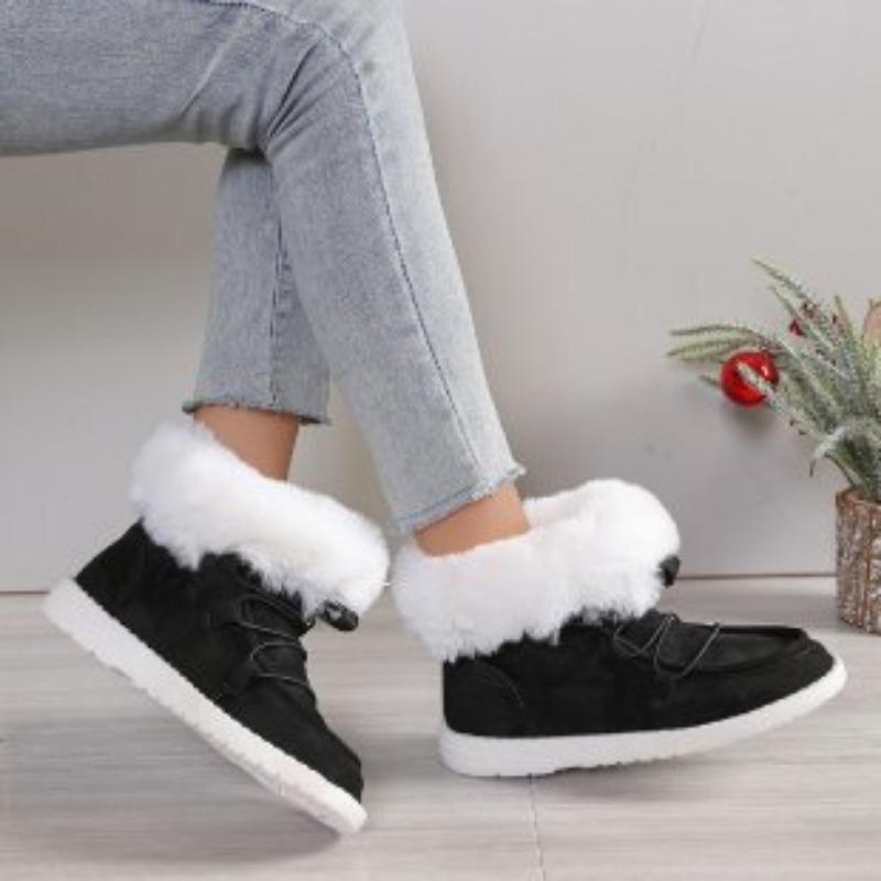 Large size cotton shoes women's autumn and winter new round head lace-up short boots plush warm fluffy women's shoes