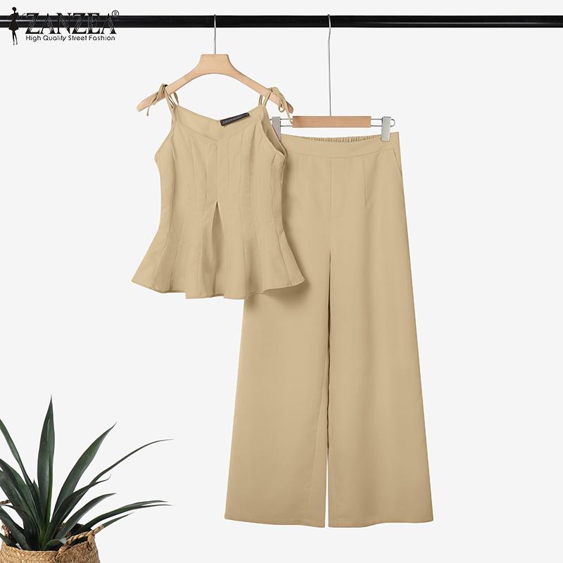 ZANZEA Women Sleeveless Straps Tops and Pants Summer Two Piece Suit Sets