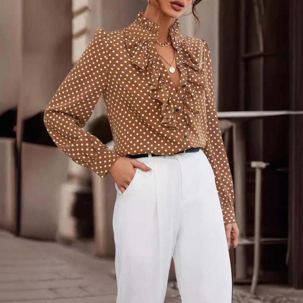 Blusa Elegante de Temperamento com Manga Comprida, Gola Alta e Borda Vintage de Bolinhas Blusas e Camisas Femininas