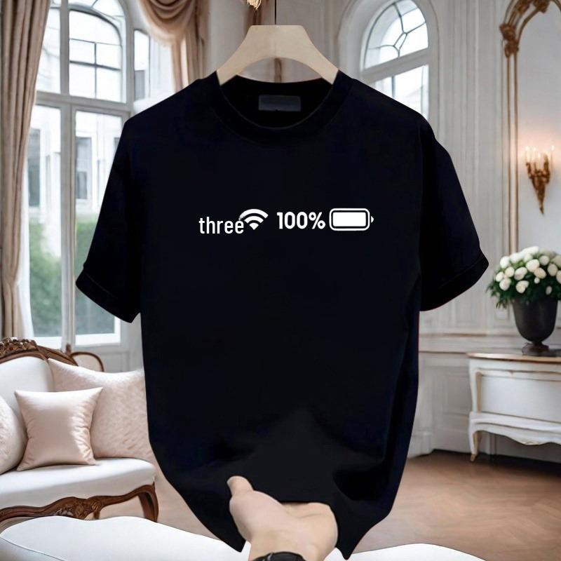 Low Battery 1% T-Shirt, Short Sleeve, Battery Full Signal Design, Pure Cotton, Couple Style, 2024 Collection, Large Size for Men