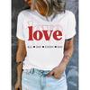 White Love Letter T-shirt Red Print with Heart-shaped Pattern and All Day Every Day Slogan Casual Round Neck Sleeved