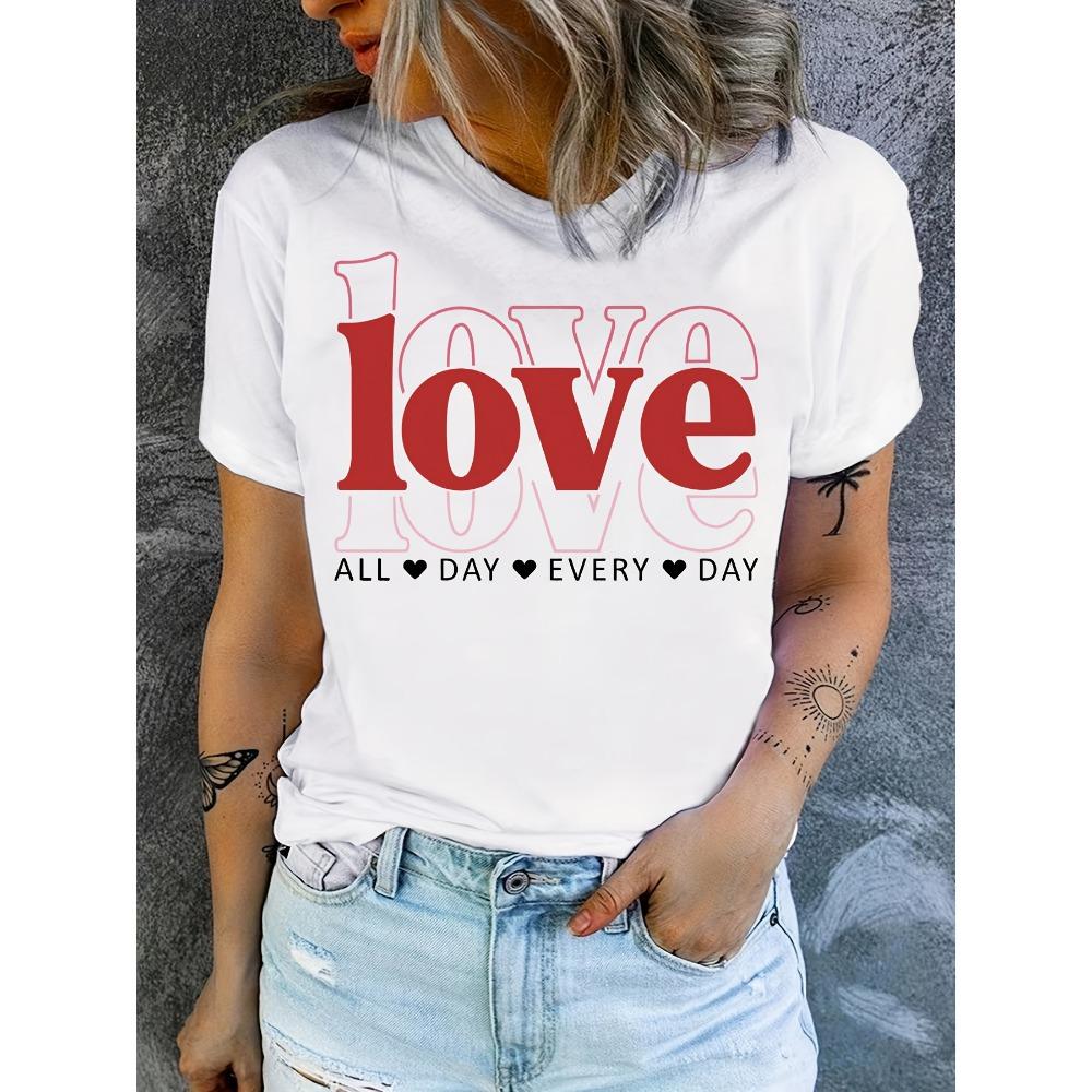 White Love Letter T-shirt Red Print with Heart-shaped Pattern and All Day Every Day Slogan Casual Round Neck Sleeved S