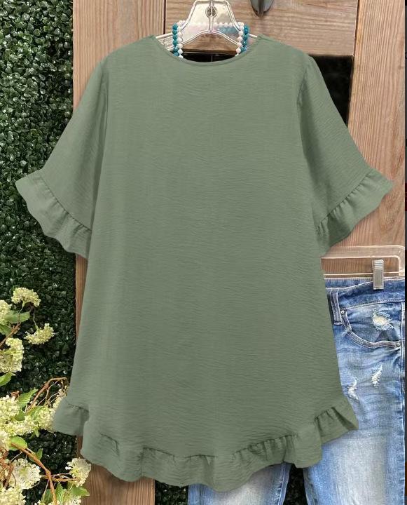Plus Size Women's Ice Silk Pleated Ruffle Top with Flare Sleeves and Round Neck.
