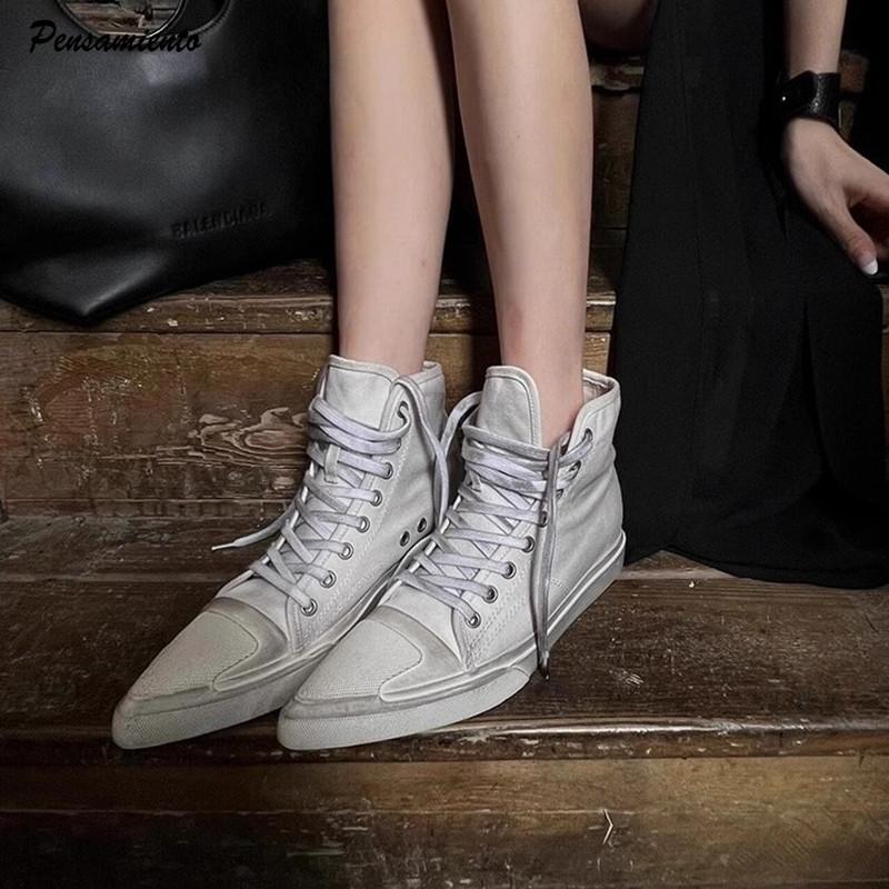 Vintage Lace-up Height Increase Women Canvas Shoes Pointed toe White Wedges Spring Summer Female Casual Sneakers Shoes