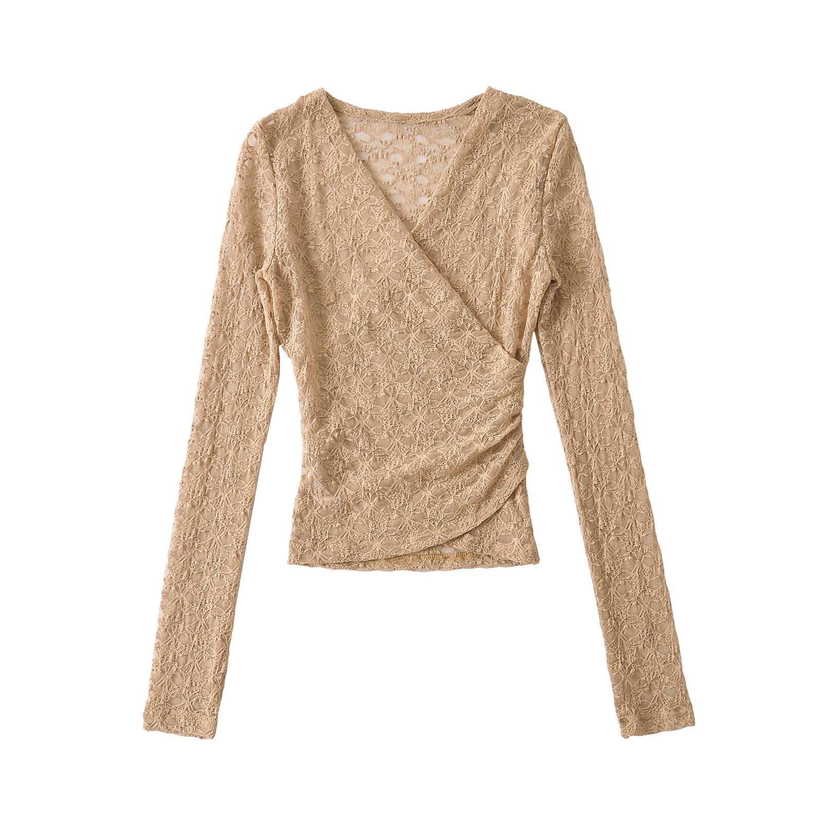 

Топ приталенного силуэта с V-образным вырезом из французского кружева на весну 2025 года Large хаки