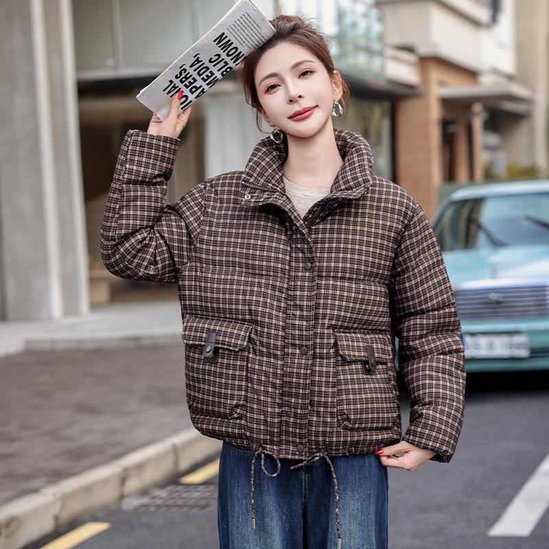 American plaid stand-up collar short down cotton clothes women's winter fashion small warm bread clothes jacket tide
