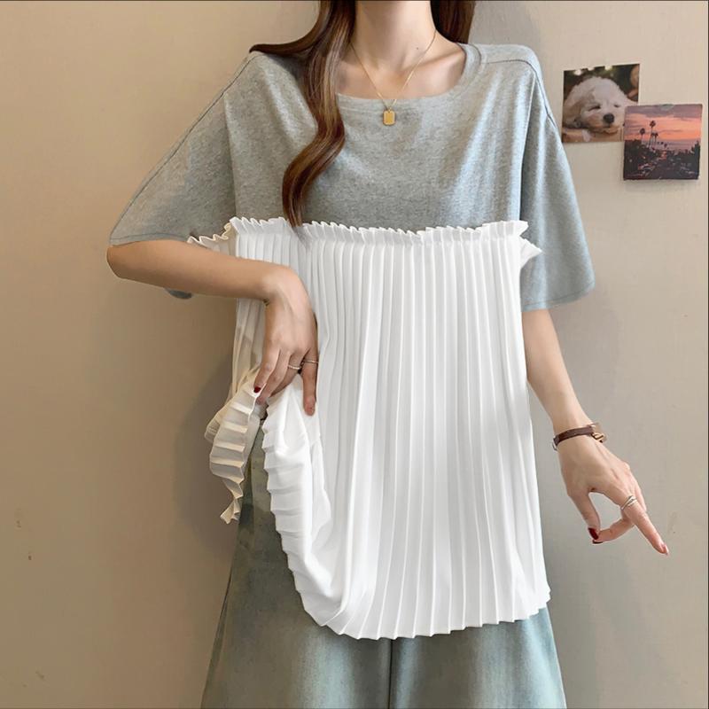 

ZANZEA Женские лоскутные свободные повседневные футболки с круглым вырезом и коротким рукавом M серый