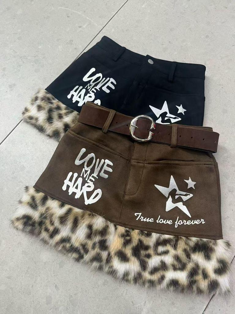 Spicy Girl Leopard Print Fur Patchwork Skirt: Slim-Fit, Low-Waist, Multi-Button Design, Winter Style