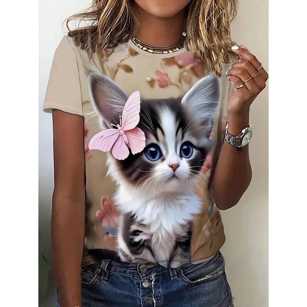 Summer Round Neck Cat Pattern 3D Print Top Fashionable Casual Short Sleeved Women's T-shirts