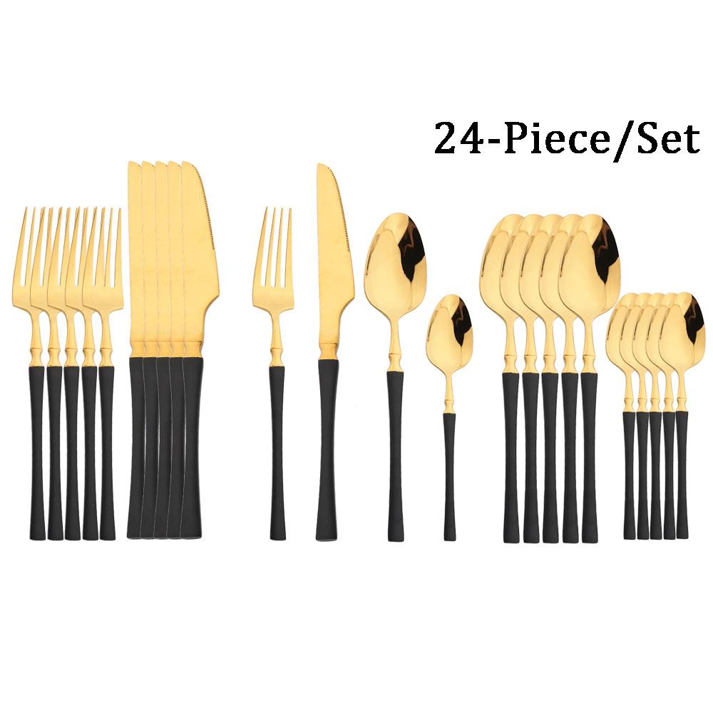 JANKNG 24Pcs White Gold Tableware Set Stainless Steel Dinnerware Spoon Fork Knife Cutlery Kitchen Food Flatware Silverware Set