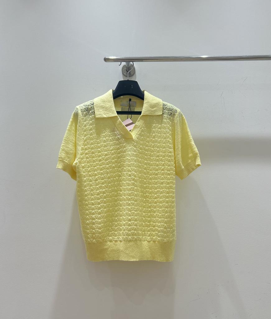 26 new spring and summer solid color pullover knitted short-sleeved t-shirt wool knitted top temperament lapel high-end women's clothing