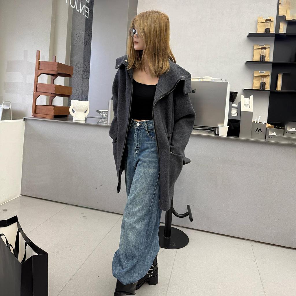 Damen Koreanischer Kaschmirmantel mit Kapuze und Reißverschluss, doppelseitig: Einfarbig, Mittellang, Vielseitig und Verdickt Lockeres Oberbekleidungsstück.