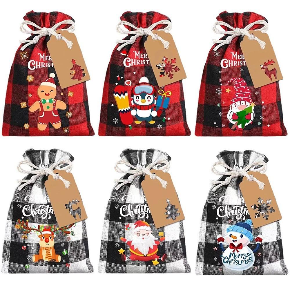 

6pcs/set Christmas Burlap Gift Bags, Christmas Buffalo Plaid Drawstring Bags Christmas Jute Burlap Treat Candy Goodies Drawstring Bags with Tags