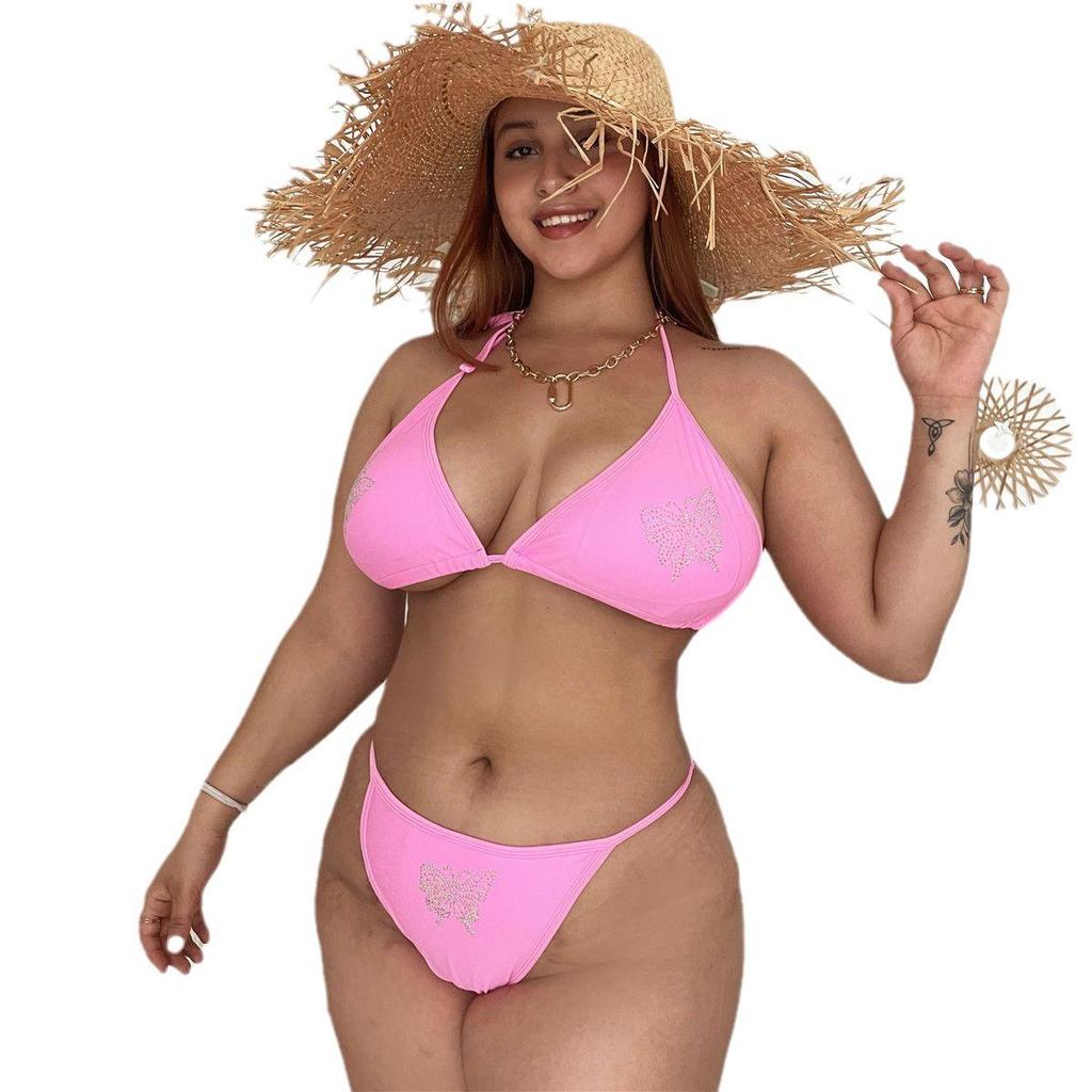 Europäischer & Amerikanischer Übergrößen Strass Schnür-Badeanzug - Einfarbiger Bikini ZY066