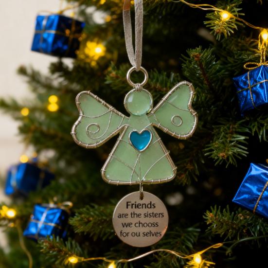 Weihnachtsanhänger Engel Ornament mit Glasmosaikherz Gravierter Freundschaftsvers Hängende Dekoration