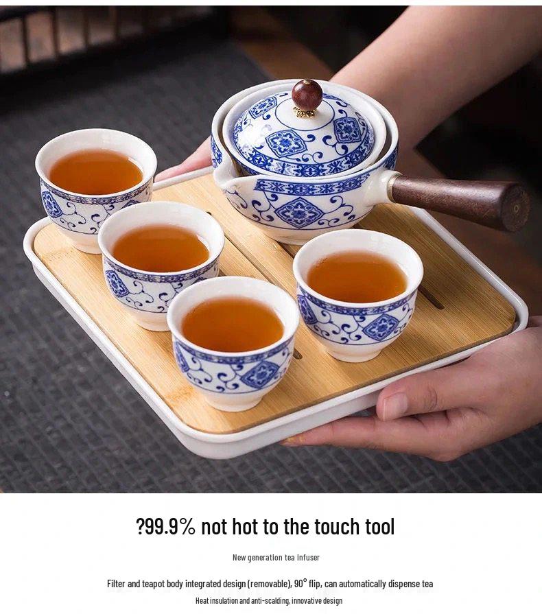 Compact Travel Tea Set with Automatic Rotating Teapot and Side Handle Kung Fu Cups