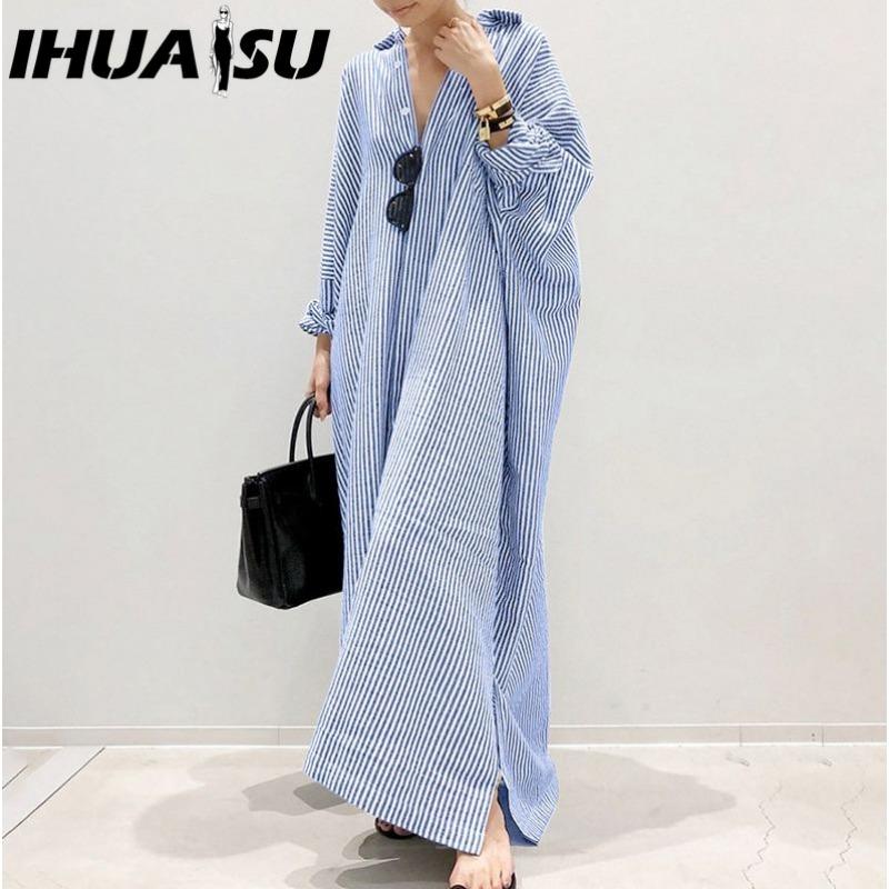 IHUASU Rochie Maxi Casual cu Mânecă Lungă, cu Nasturi, cu Dungi, Stil Coreean pentru Femei