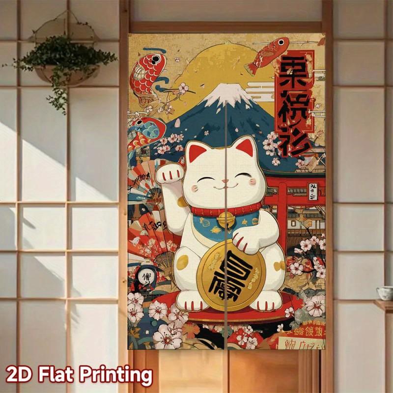 Japanse Gelukskat En Koi Vis Deurgordijn Noren Scheidingswand Voor Woonkamer Keuken Slaapkamer Badkamer Huisdecoratie 90X120CM&Velcro&1 panel