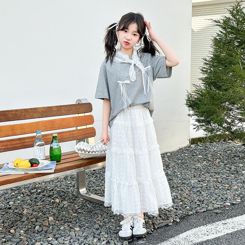 Girls' summer dress 2026 new children's fairy style floating skirt summer big children's white half skirt set