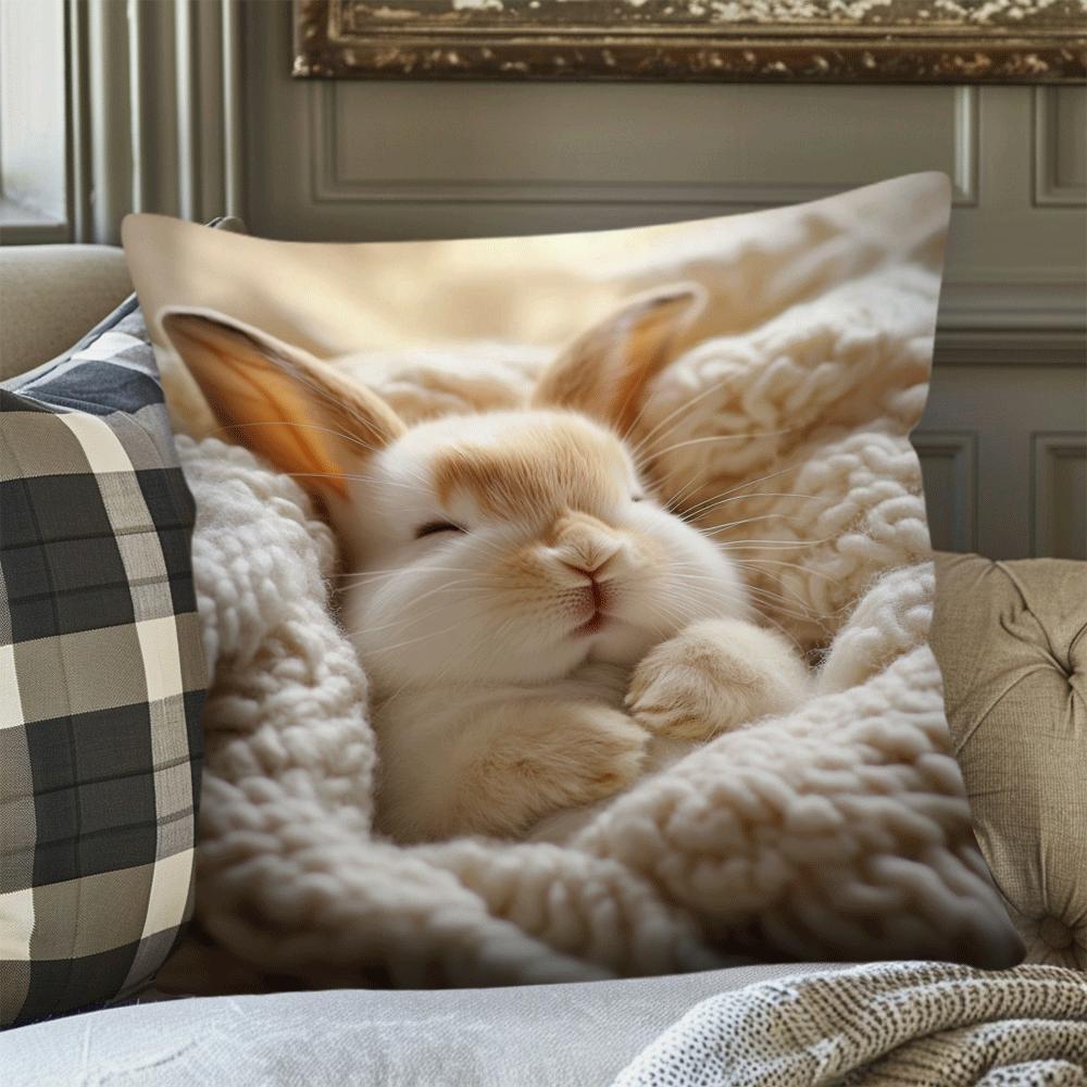 Cute Sleeping Bunny Pillow Cover 100% Polyester, Zipper Closure Modern Home Decor For Sofa, Living Room Bunny Pillowcase