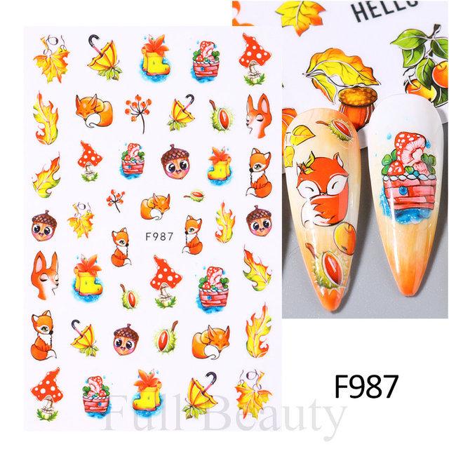 Nail Art Stickers Autumn Thanksgiving Maple Leaf Harvest Mushroom Hazelnut Honey Yellow Leaf Nail Stickers