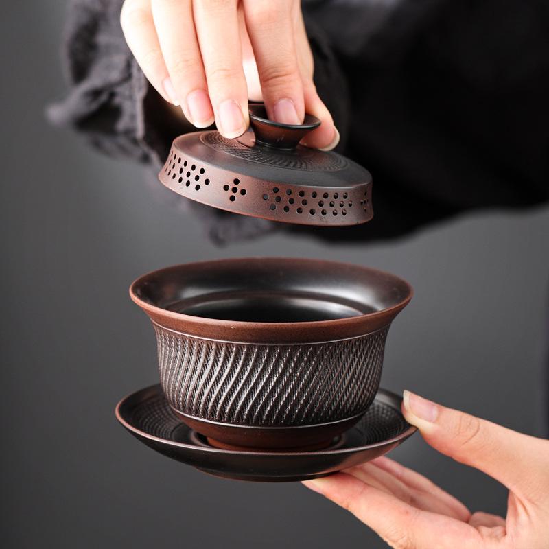 High-grade purple pottery covered bowl tea set, light luxury retro ceramic Kung Fu tea set, anti-scalding tea set, gift box and gift.