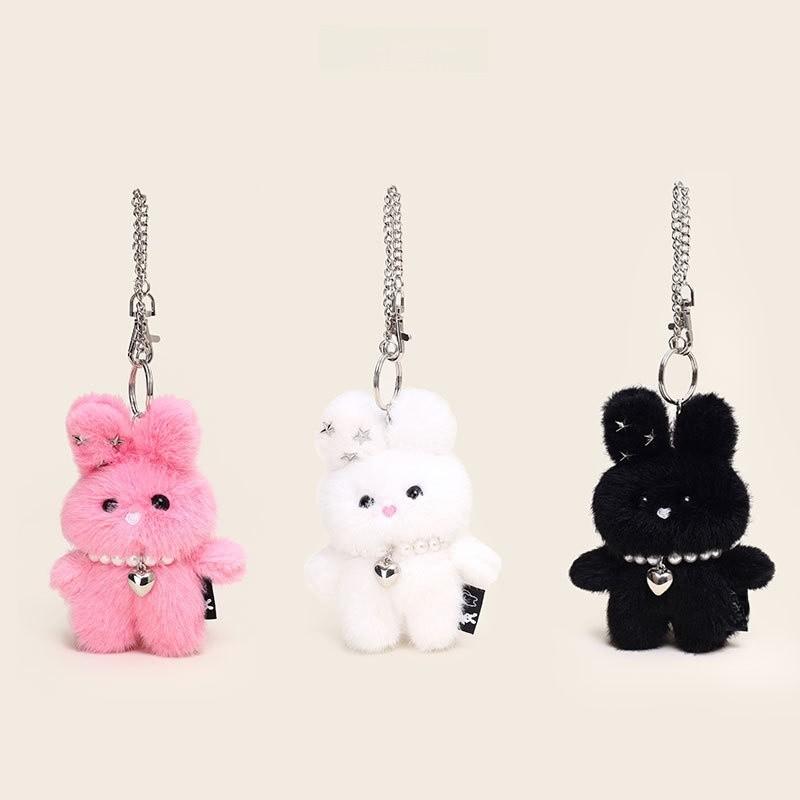 With Rabbit Pearl Necklace Plush Keychain Toy Pendant Cartoon Doll Kids Gift