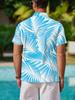 Men's Fashion Short-sleeve Shirt with Palm Leaf Pattern in Blue, White, and Brown| Non-elastic Fabric, Buckle Detail, Lapel Design, Regular Fit,